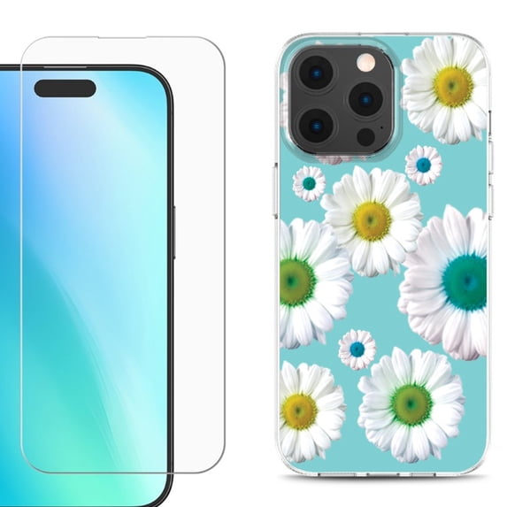 For iPhone 16 Pro Max Phone Case Cover, Shockproof Case with Tempered Glass Screen Protector, by OneToughShield - Daisy/Teal