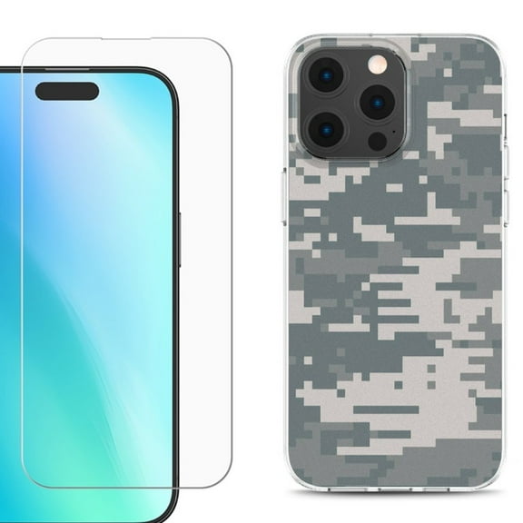 For iPhone 16 Pro Max Phone Case Cover, Shockproof Case with Tempered Glass Screen Protector, by OneToughShield - Digital Camo