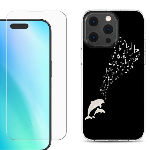 For iPhone 16 Pro Max Phone Case Cover, Shockproof Case with Tempered Glass Screen Protector, by OneToughShield - Dolphin Music