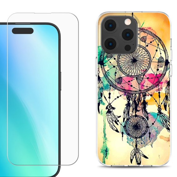 For iPhone 16 Pro Max Phone Case Cover, Shockproof Case with Tempered Glass Screen Protector, by OneToughShield - Dream Catcher Color
