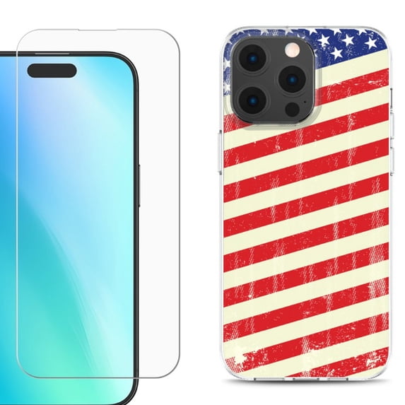 For iPhone 16 Pro Max Phone Case Cover, Shockproof Case with Tempered Glass Screen Protector, by OneToughShield - Flag / USA