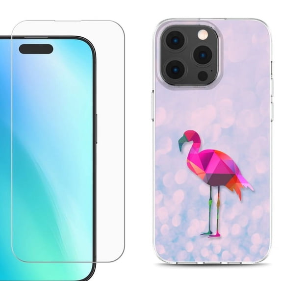 For iPhone 16 Pro Max Phone Case Cover, Shockproof Case with Tempered Glass Screen Protector, by OneToughShield - Flamingo / Polygon