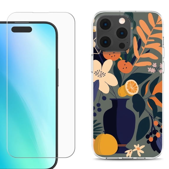 For iPhone 16 Pro Max Phone Case Cover, Shockproof Case with Tempered Glass Screen Protector, by OneToughShield - Flower Art