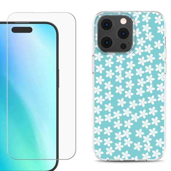For iPhone 16 Pro Max Phone Case Cover, Shockproof Case with Tempered Glass Screen Protector, by OneToughShield - Flower/Teal
