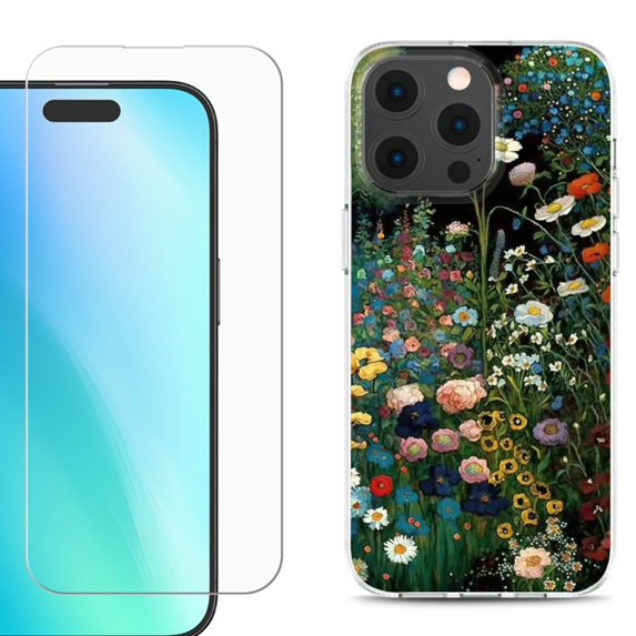 For iPhone 16 Pro Max Phone Case Cover, Shockproof Case with Tempered Glass Screen Protector, by OneToughShield - Flowery Garden