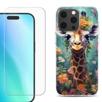 For iPhone 16 Pro Max Phone Case Cover, Shockproof Case with Tempered Glass Screen Protector, by OneToughShield - Giraffe Flower