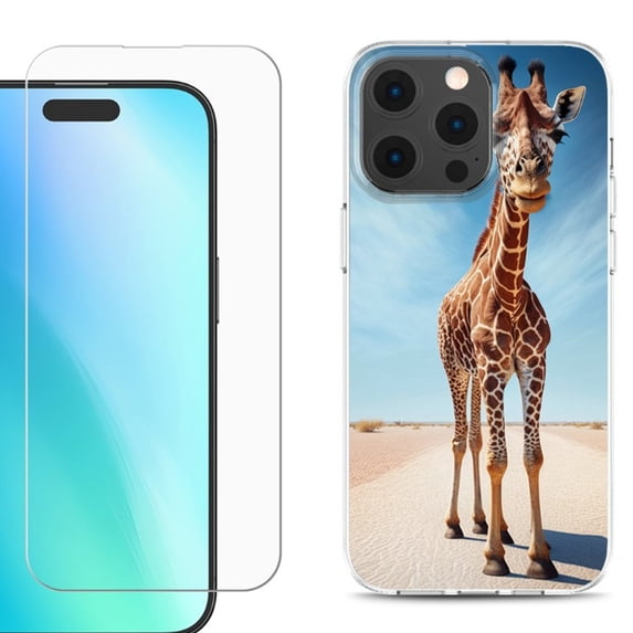 For iPhone 16 Pro Max Phone Case Cover, Shockproof Case with Tempered Glass Screen Protector, by OneToughShield - Giraffe