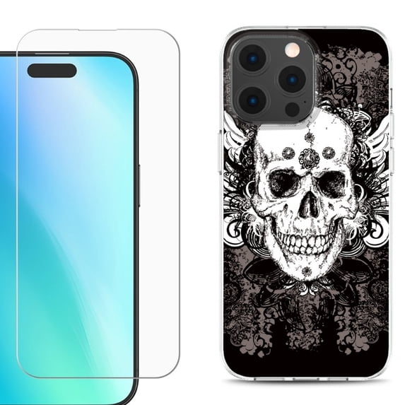For iPhone 16 Pro Max Phone Case Cover, Shockproof Case with Tempered Glass Screen Protector, by OneToughShield - Grunge Skull