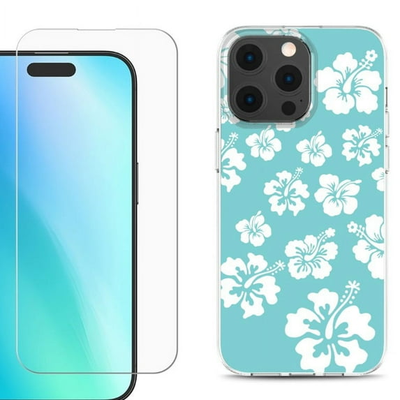 For iPhone 16 Pro Max Phone Case Cover, Shockproof Case with Tempered Glass Screen Protector, by OneToughShield - Hibiscus Teal