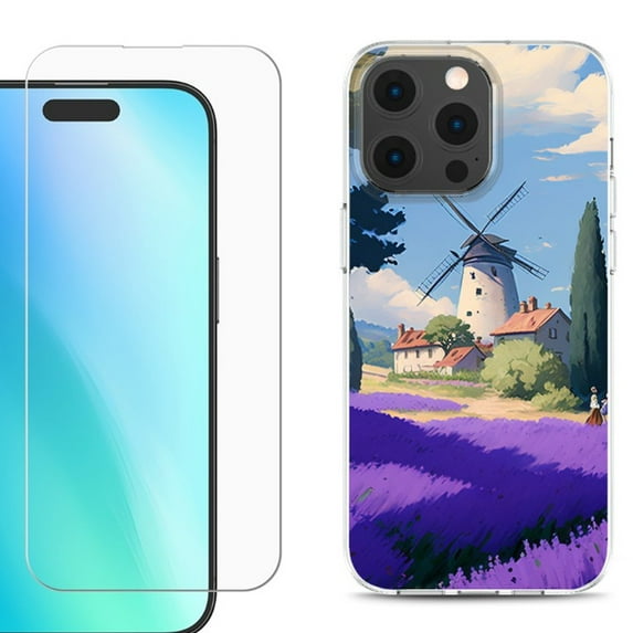 For iPhone 16 Pro Max Phone Case Cover, Shockproof Case with Tempered Glass Screen Protector, by OneToughShield - Lavender Field