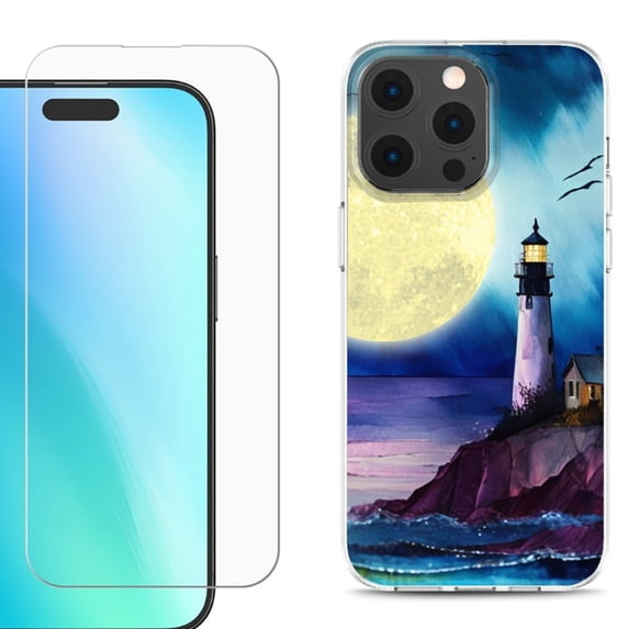 For iPhone 16 Pro Max Phone Case Cover, Shockproof Case with Tempered Glass Screen Protector, by OneToughShield - Lighthouse Moon