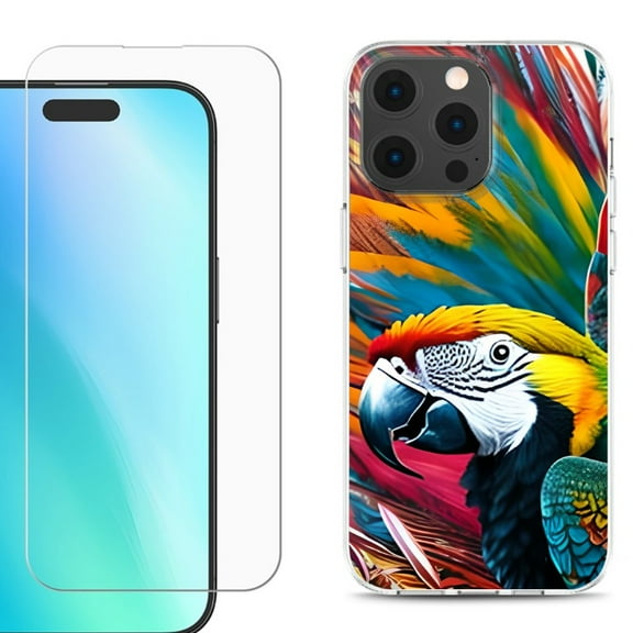 For iPhone 16 Pro Max Phone Case Cover, Shockproof Case with Tempered Glass Screen Protector, by OneToughShield - Macaw