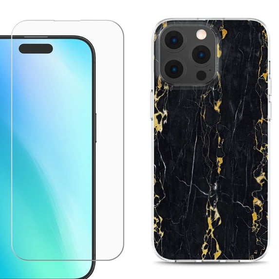 For iPhone 16 Pro Max Phone Case Cover, Shockproof Case with Tempered Glass Screen Protector, by OneToughShield - Marble / Gold/Black