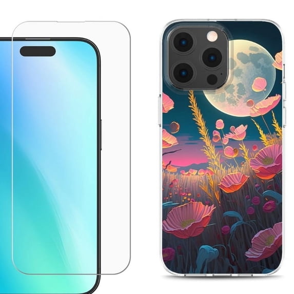 For iPhone 16 Pro Max Phone Case Cover, Shockproof Case with Tempered Glass Screen Protector, by OneToughShield - Moon Poppies