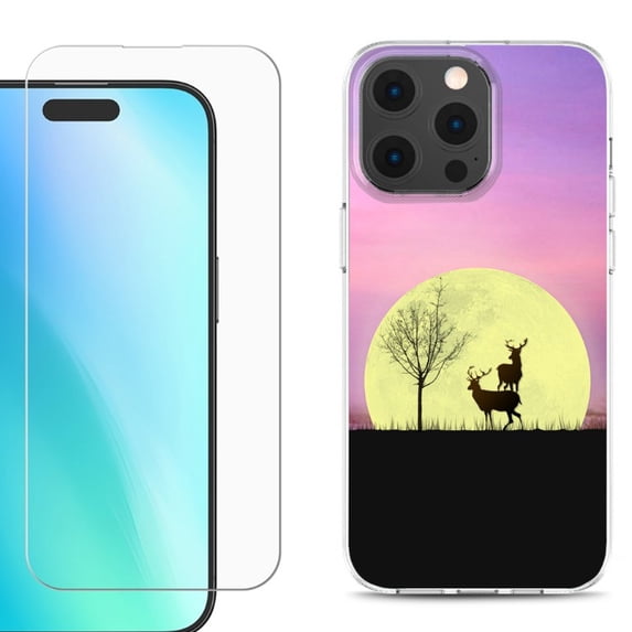 For iPhone 16 Pro Max Phone Case Cover, Shockproof Case with Tempered Glass Screen Protector, by OneToughShield - Moonlight Deer