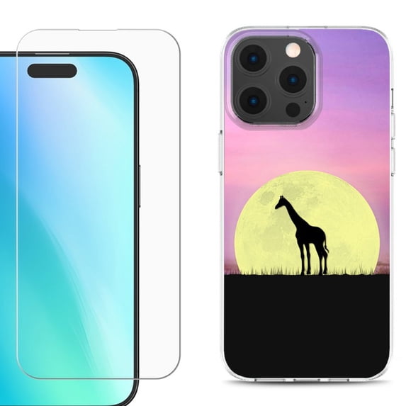For iPhone 16 Pro Max Phone Case Cover, Shockproof Case with Tempered Glass Screen Protector, by OneToughShield - Moonlight Giraffe