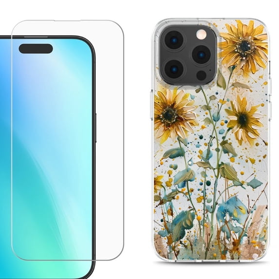 For iPhone 16 Pro Max Phone Case Cover, Shockproof Case with Tempered Glass Screen Protector, by OneToughShield - Pastel Sunflowers