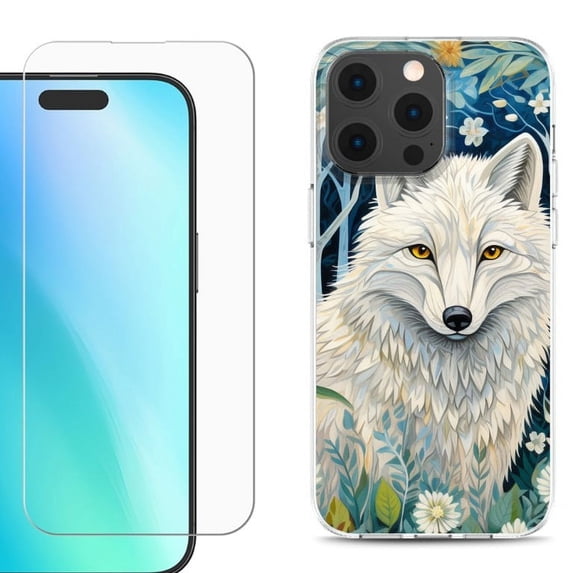 For iPhone 16 Pro Max Phone Case Cover, Shockproof Case with Tempered Glass Screen Protector, by OneToughShield - Playful Wolf