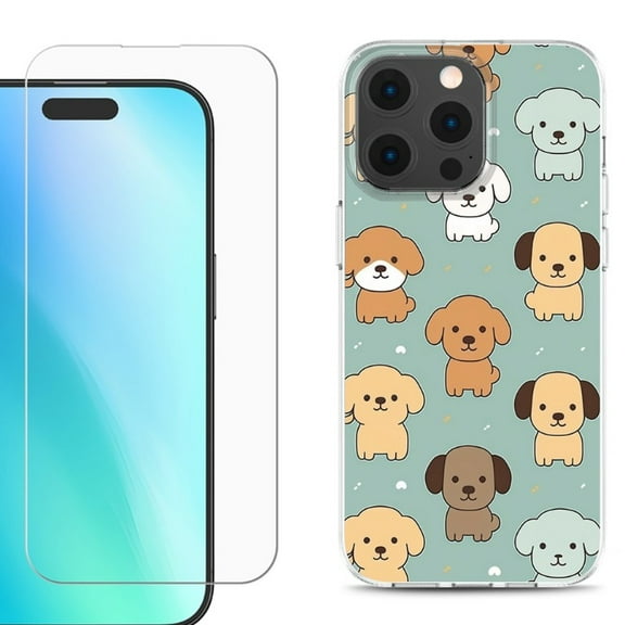 For iPhone 16 Pro Max Phone Case Cover, Shockproof Case with Tempered Glass Screen Protector, by OneToughShield - Puppies