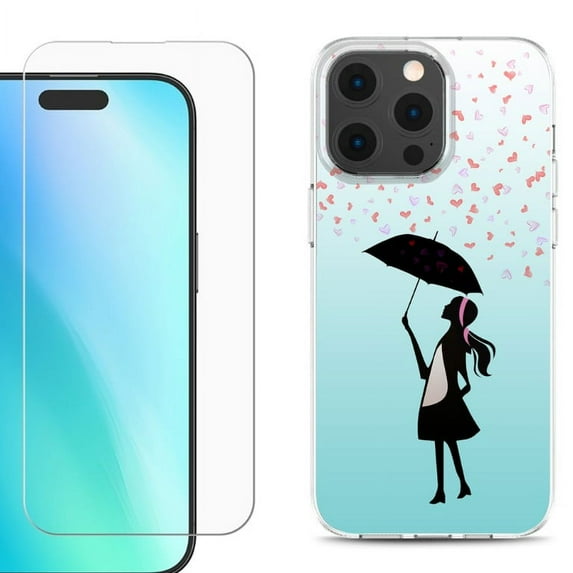 For iPhone 16 Pro Max Phone Case Cover, Shockproof Case with Tempered Glass Screen Protector, by OneToughShield - Rain/Hearts