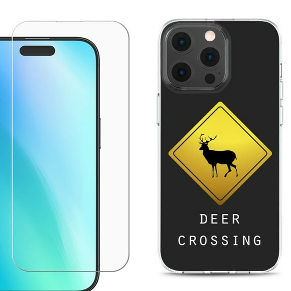 For iPhone 16 Pro Max Phone Case Cover, Shockproof Case with Tempered Glass Screen Protector, by OneToughShield - Road Sign Deer