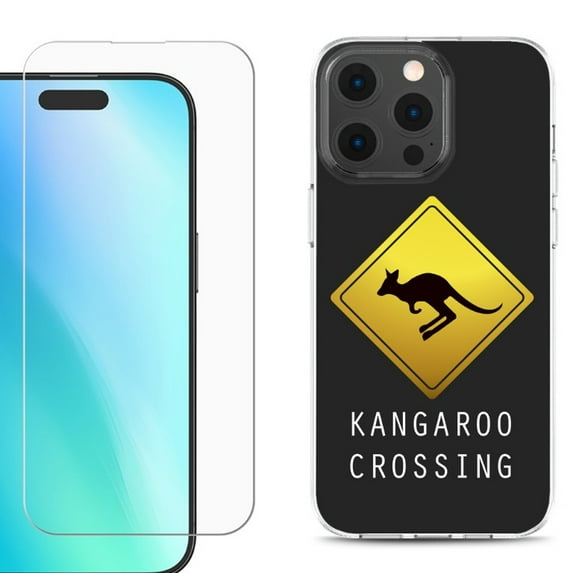 For iPhone 16 Pro Max Phone Case Cover, Shockproof Case with Tempered Glass Screen Protector, by OneToughShield - Road Sign Kangaroo