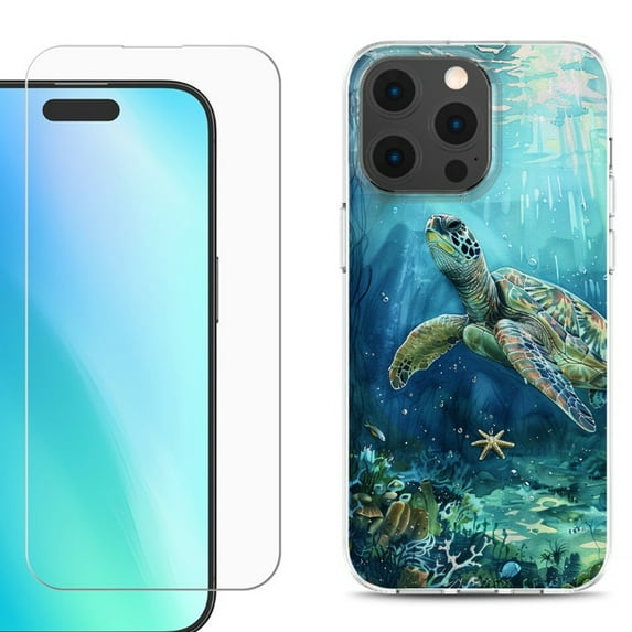 For iPhone 16 Pro Max Phone Case Cover, Shockproof Case with Tempered Glass Screen Protector, by OneToughShield - Sea Turtle Undersea
