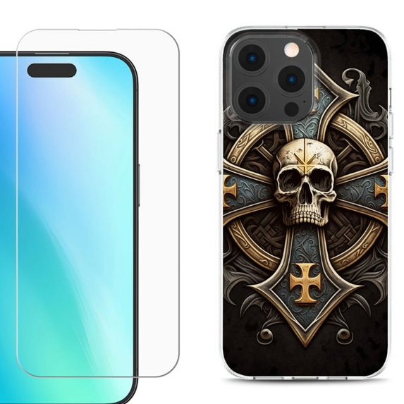 For iPhone 16 Pro Max Phone Case Cover, Shockproof Case with Tempered Glass Screen Protector, by OneToughShield - Skull Art