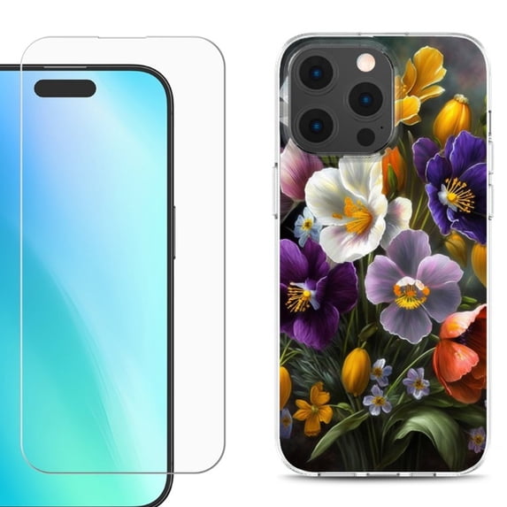 For iPhone 16 Pro Max Phone Case Cover, Shockproof Case with Tempered Glass Screen Protector, by OneToughShield - Spring Flower