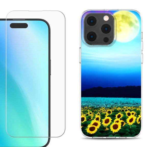 For iPhone 16 Pro Max Phone Case Cover, Shockproof Case with Tempered Glass Screen Protector, by OneToughShield - Sunflower Moon