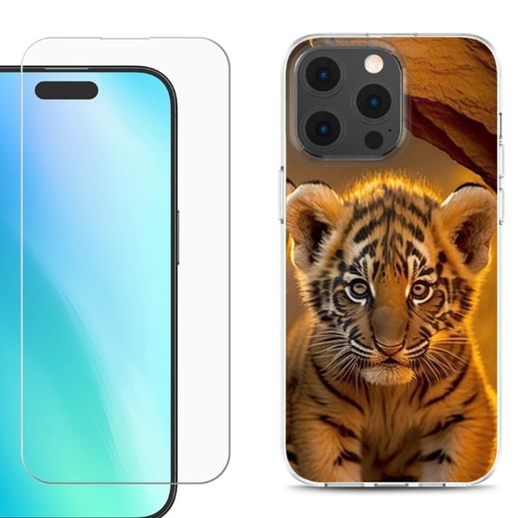 For iPhone 16 Pro Max Phone Case Cover, Shockproof Case with Tempered Glass Screen Protector, by OneToughShield - Tiger Cub