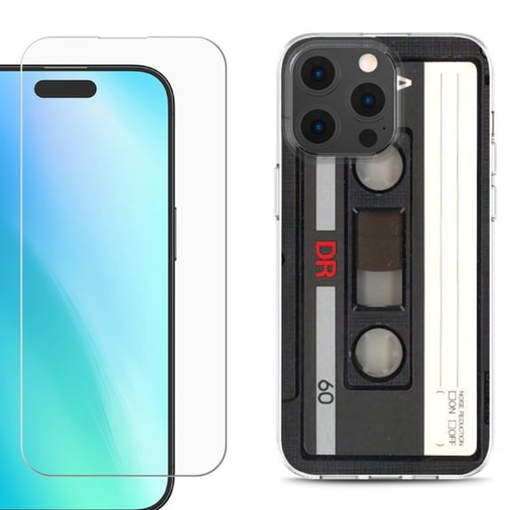 For iPhone 16 Pro Max Phone Case Cover, Shockproof Case with Tempered Glass Screen Protector, by OneToughShield - Vintage Cassette