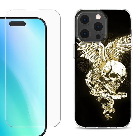 For iPhone 16 Pro Max Phone Case Cover, Shockproof Case with Tempered Glass Screen Protector, by OneToughShield - Wing Skull