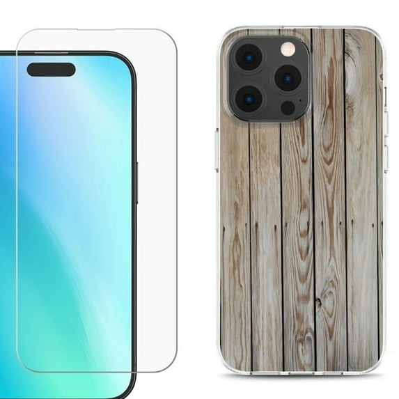For iPhone 16 Pro Max Phone Case Cover, Shockproof Case with Tempered Glass Screen Protector, by OneToughShield - Wood Print