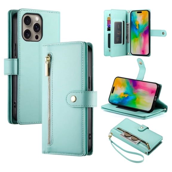 For iPhone 16 Pro Max Phone Case Wallet with Card Slots Zipper Pocket, PU Leather Magnetic Shoulder Strap Purse Cover with Flip Kickstand
