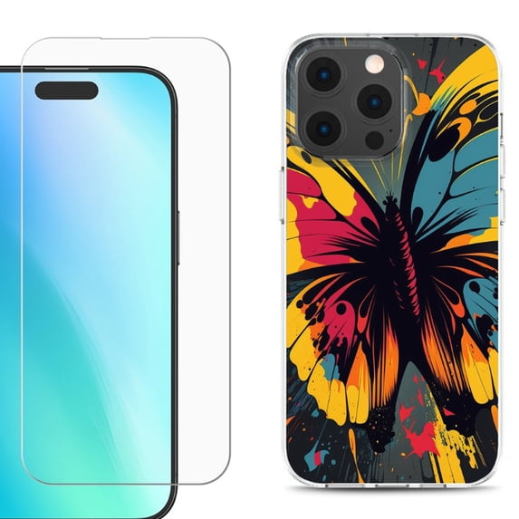 For iPhone 16 Pro Phone Case Cover, Shockproof Case with Tempered Glass Screen Protector, by OneToughShield - Abstract Butterfly