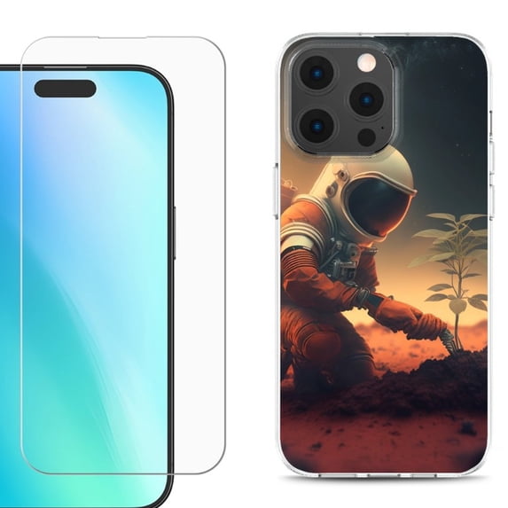 For iPhone 16 Pro Phone Case Cover, Shockproof Case with Tempered Glass Screen Protector, by OneToughShield - Astronaut Planting