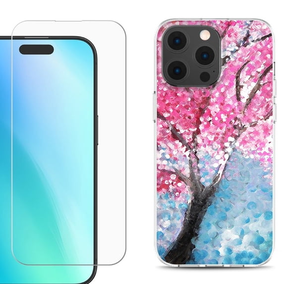 For iPhone 16 Pro Phone Case Cover, Shockproof Case with Tempered Glass Screen Protector, by OneToughShield - Blossom Paint