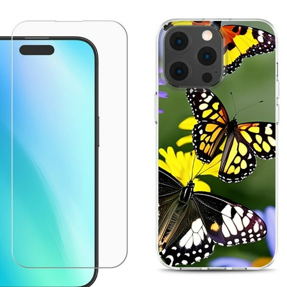 For iPhone 16 Pro Phone Case Cover, Shockproof Case with Tempered Glass Screen Protector, by OneToughShield - Butterfly Flower
