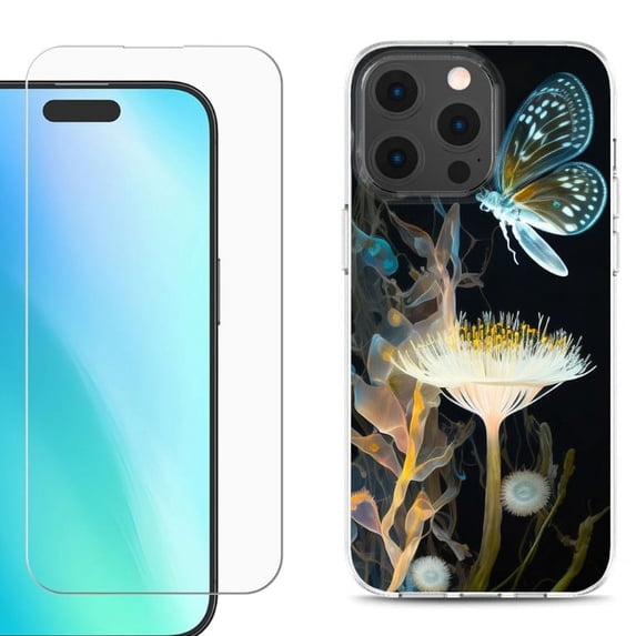 For iPhone 16 Pro Phone Case Cover, Shockproof Case with Tempered Glass Screen Protector, by OneToughShield - Butterfly Translucent