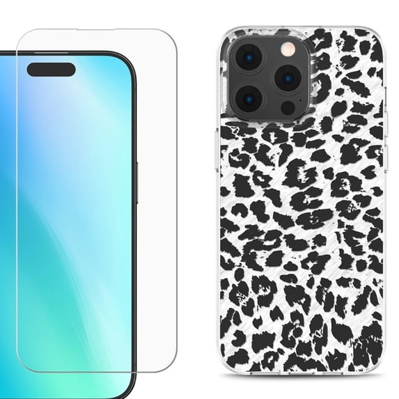 For iPhone 16 Pro Phone Case Cover, Shockproof Case with Tempered Glass Screen Protector, by OneToughShield - Cheetah B/W
