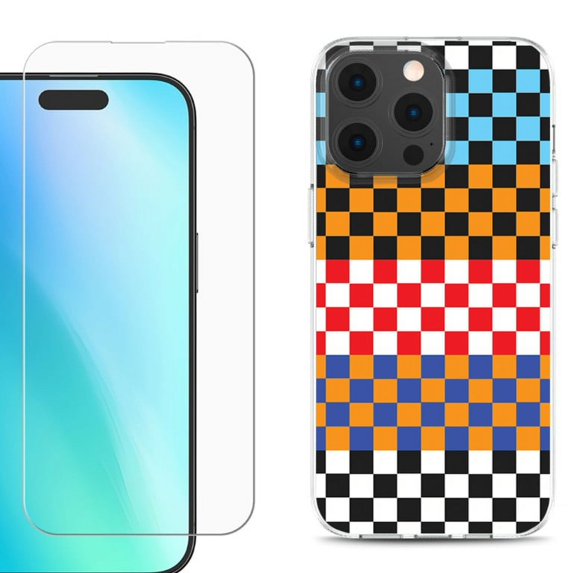 For iPhone 16 Pro Phone Case Cover, Shockproof Case with Tempered Glass Screen Protector, by OneToughShield - Colorful Checker