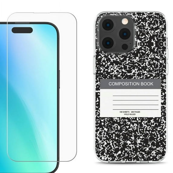 For iPhone 16 Pro Phone Case Cover, Shockproof Case with Tempered Glass Screen Protector, by OneToughShield - Composition Book