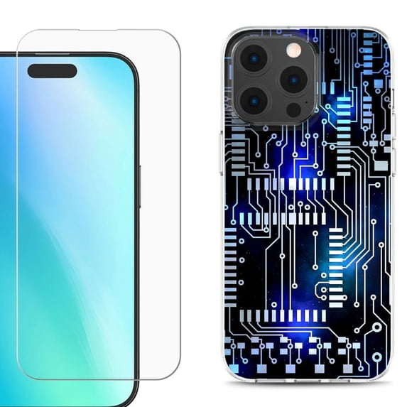 For iPhone 16 Pro Phone Case Cover, Shockproof Case with Tempered Glass Screen Protector, by OneToughShield - Cosmos Circuit
