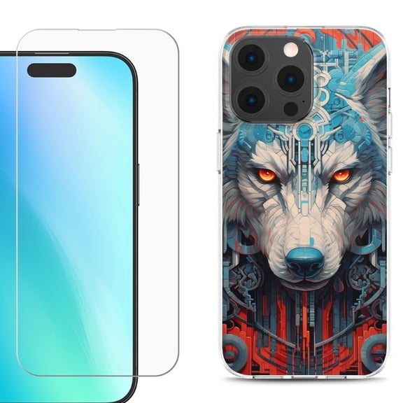 For iPhone 16 Pro Phone Case Cover, Shockproof Case with Tempered Glass Screen Protector, by OneToughShield - Cyberpunk Wolf