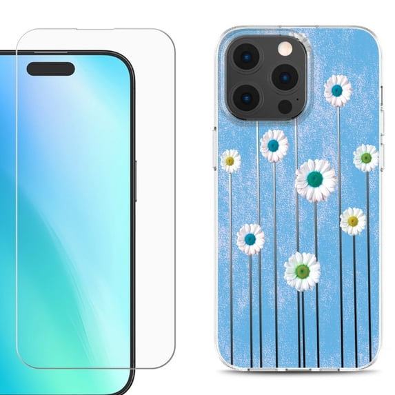 For iPhone 16 Pro Phone Case Cover, Shockproof Case with Tempered Glass Screen Protector, by OneToughShield - Daisy Sky