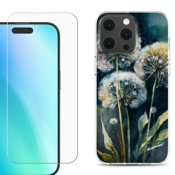 For iPhone 16 Pro Phone Case Cover, Shockproof Case with Tempered Glass Screen Protector, by OneToughShield - Dandelion Color