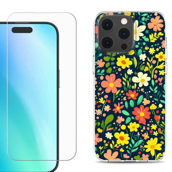 For iPhone 16 Pro Phone Case Cover, Shockproof Case with Tempered Glass Screen Protector, by OneToughShield - Flower Symphony