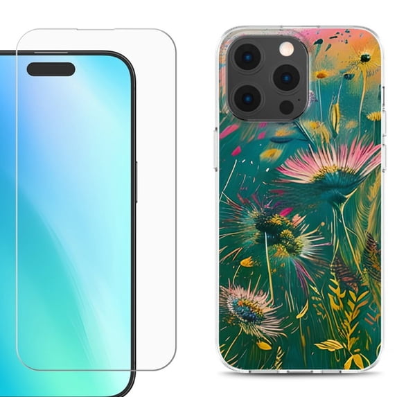For iPhone 16 Pro Phone Case Cover, Shockproof Case with Tempered Glass Screen Protector, by OneToughShield - Flower Wind
