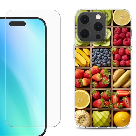 For iPhone 16 Pro Phone Case Cover, Shockproof Case with Tempered Glass Screen Protector, by OneToughShield - Fruit Box